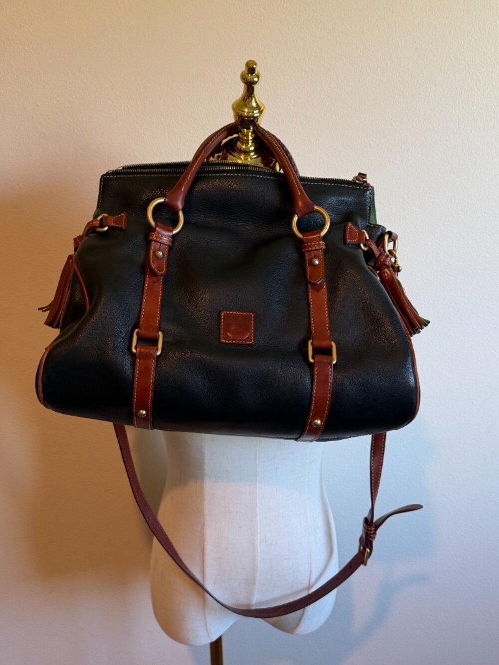 Dooney & Bourke Vintage Pebble Leather Satchel Bag | Black/Tan - Picture 12 of 16